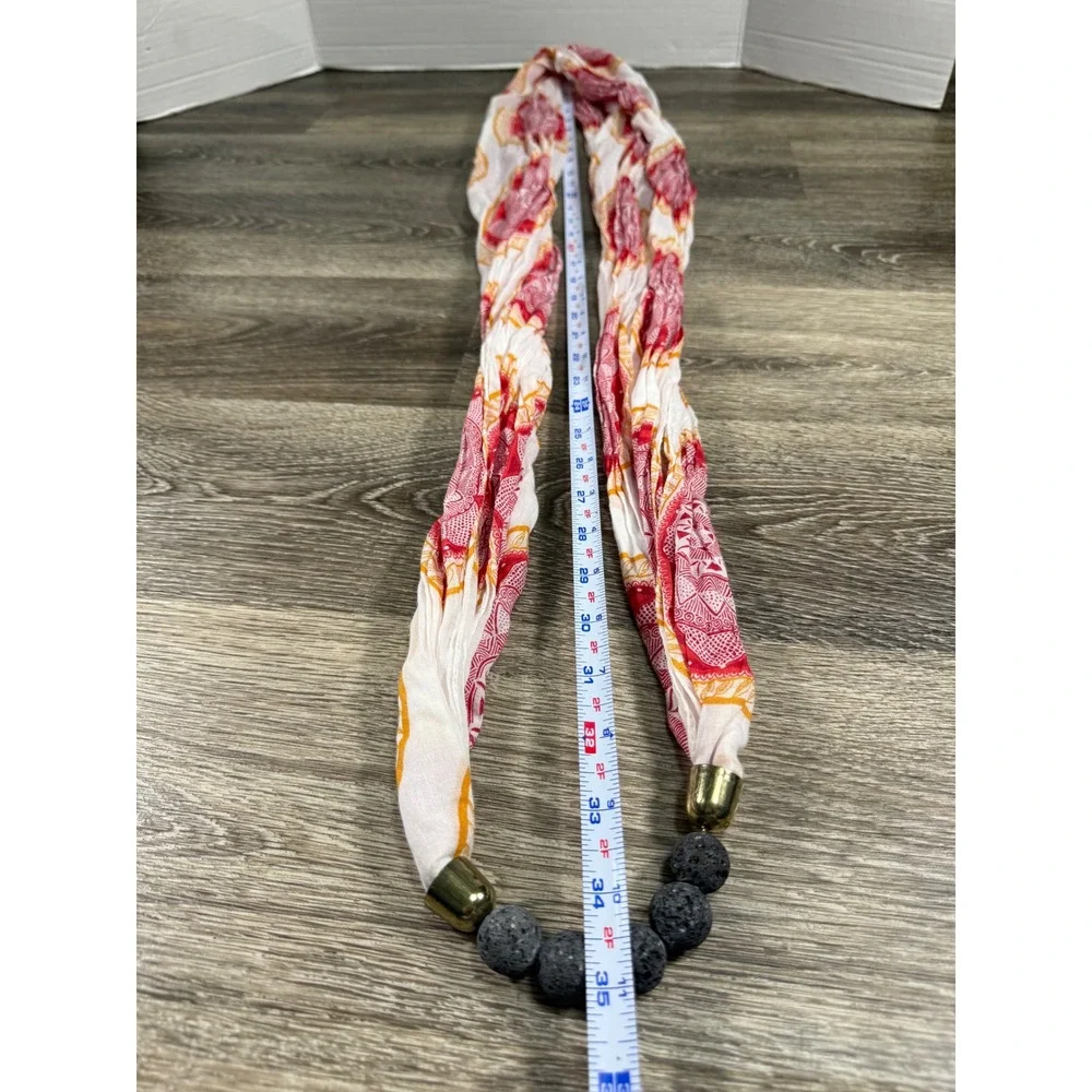 Womens Mandala‎ Print Infinity Scarf Red Orange with Lava Rock Beads Boho Wrap